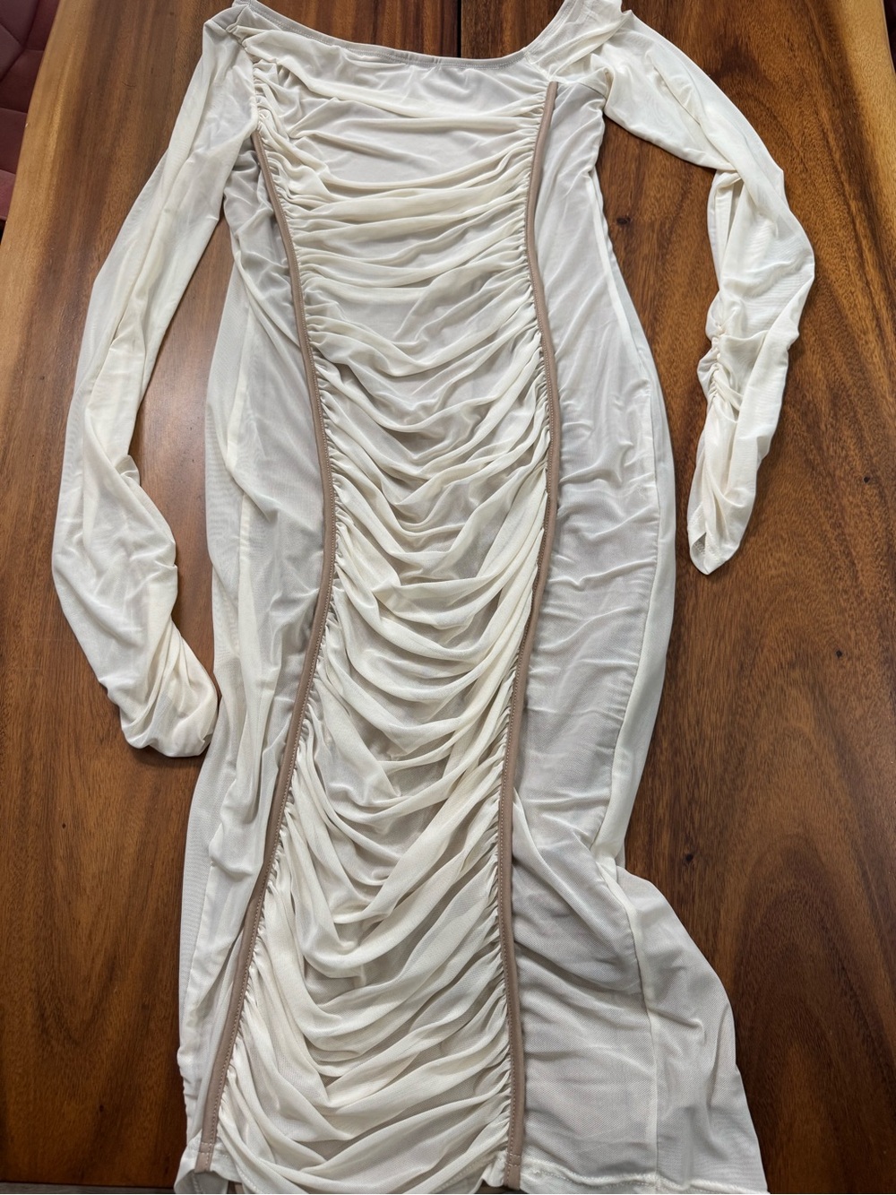 SHEIN Cream Ruched Long Sleeve Bodycon Dress with Taupe Trim
